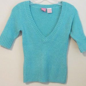 Great American Sweater - Small, Light teal -  V neck metallic Crop Top